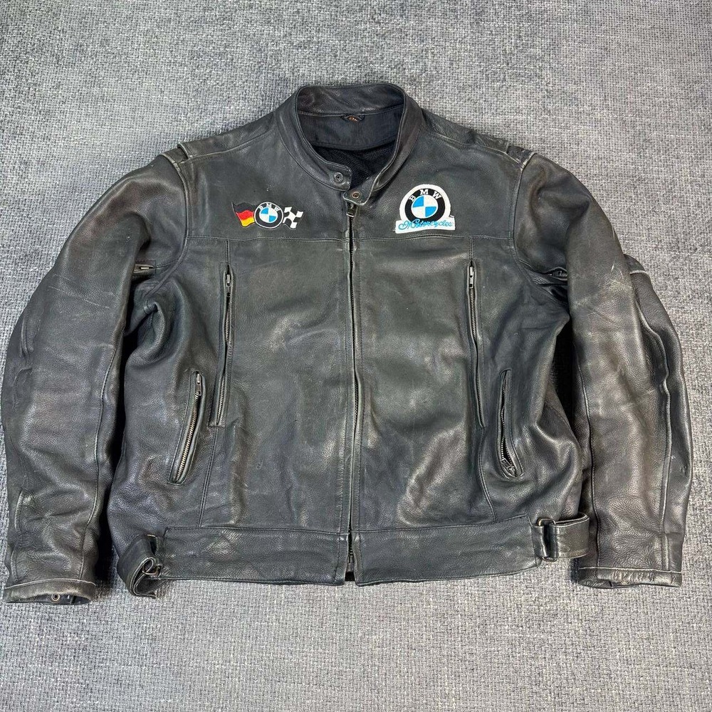 BMW patches Leather Motorcycle Jacket Mens XXL Black Vintage Racing Vents
